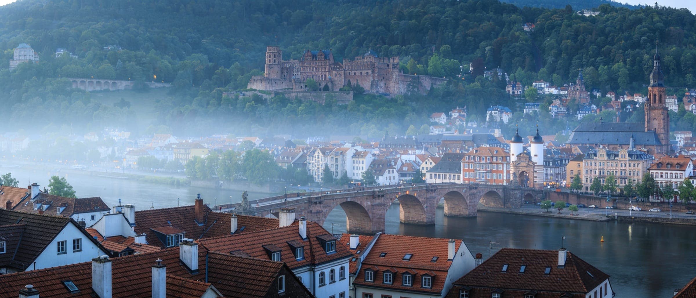 Blick über die Heidelberger Altstadt mit Schloss und Alter Brücke am Morgen