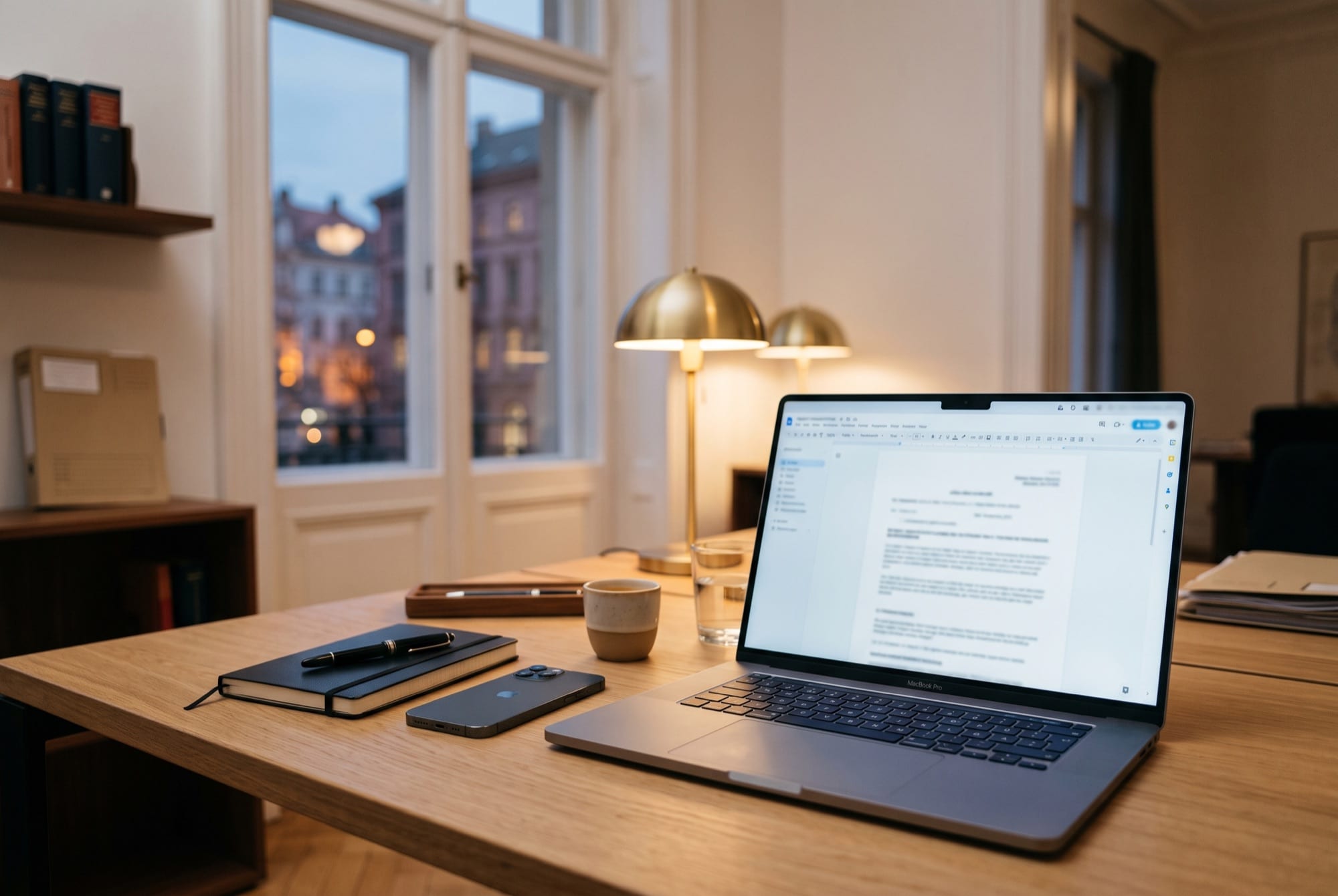 Laptop-Arbeitsplatz in einer Kanzlei am Abend