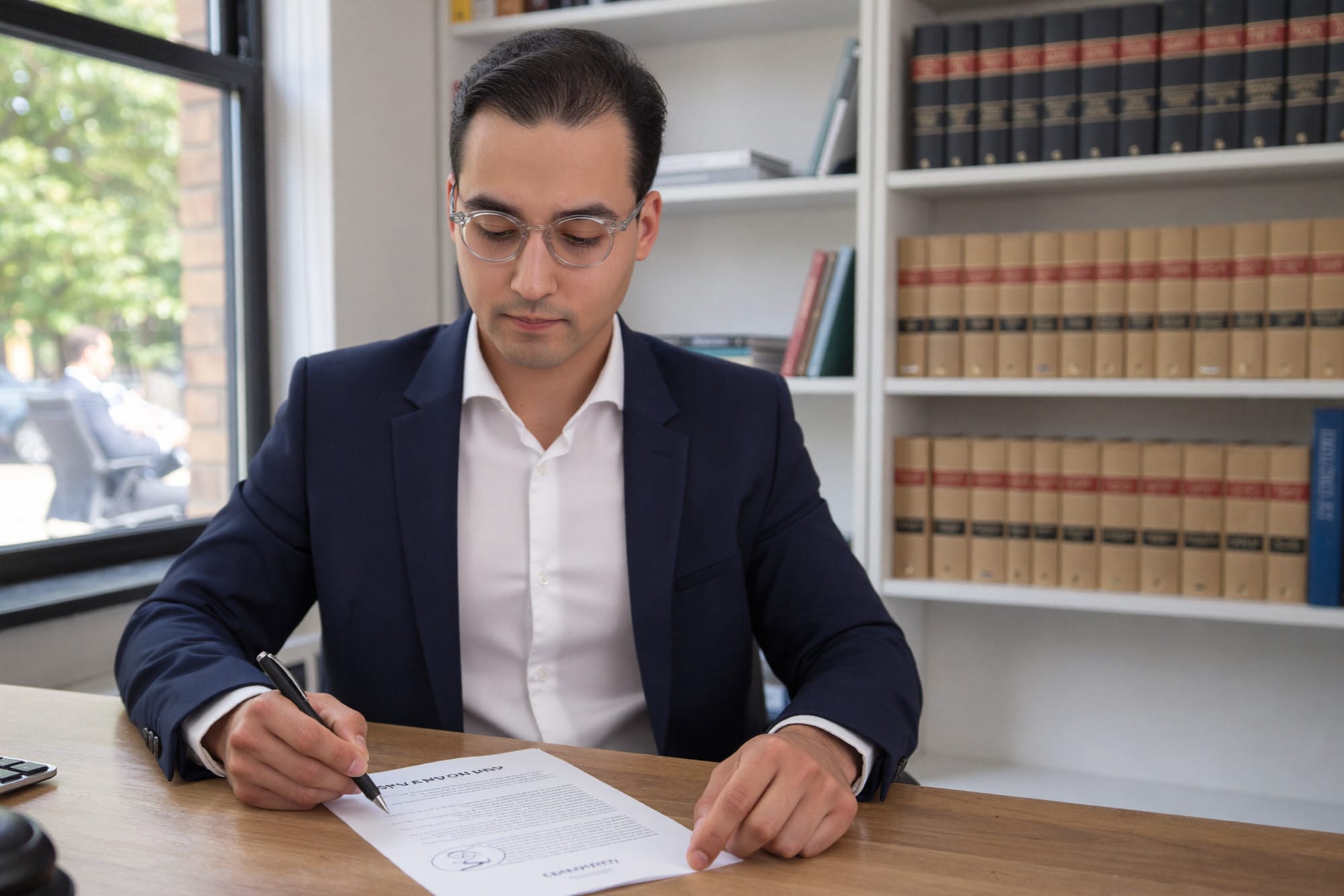 Rechtsanwalt Ozan Aslan unterzeichnet ein Mandantendokument in der Kanzlei in der Heidelberger Weststadt